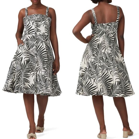 Hutch Aidy Black Ivory Jacquard Palm Frond Sleeveless A-Line Midi Dress Sz 16W - Picture 12 of 12